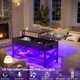 Aheaplus Black Lift-Top Coffee Table with LED Light, Power Outlets and Storage Shelf, 41.7"W x 19.69"L x 19.7"H Aheaplus