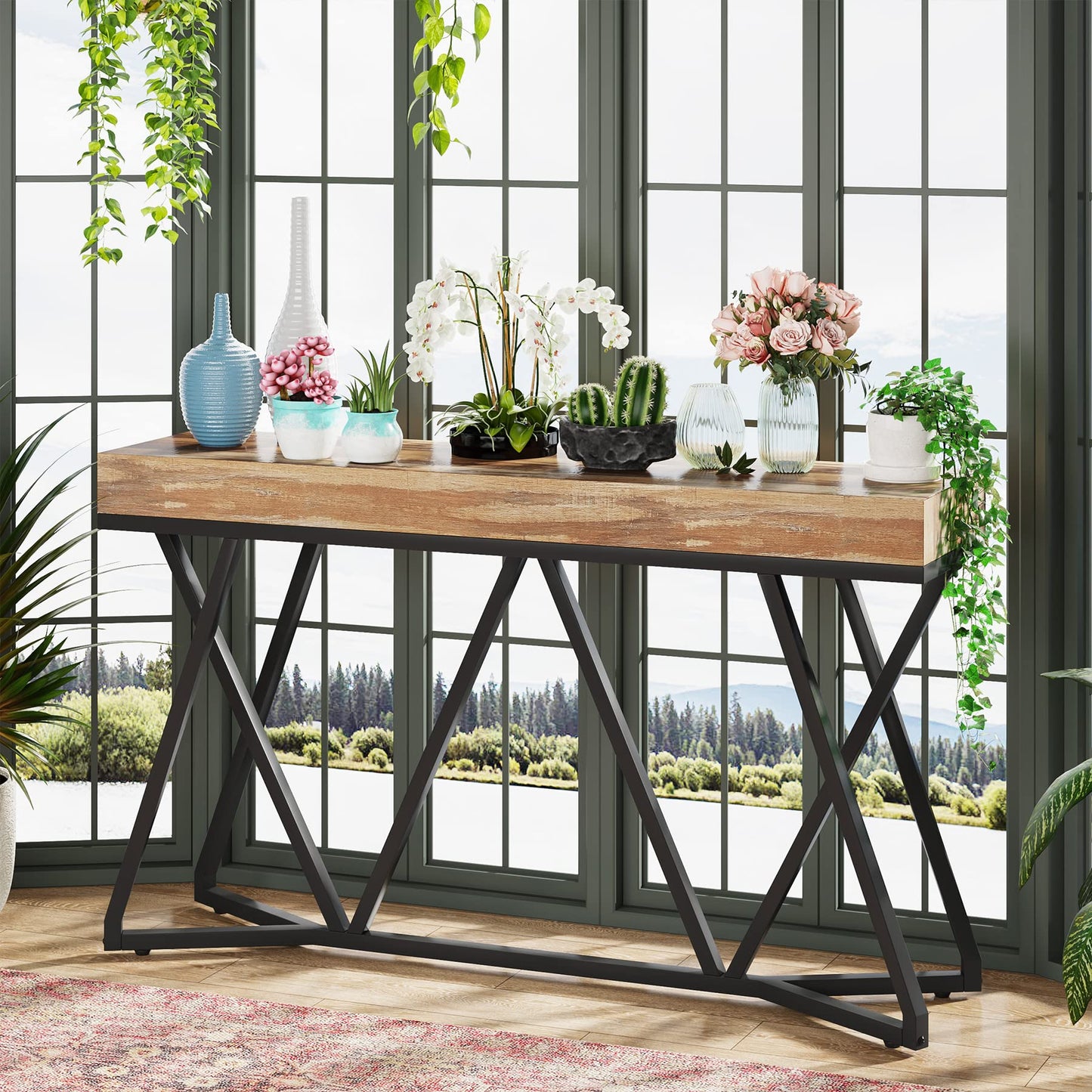 Tribesigns 55 Inches Console Table, Farmhouse Sofa Table Wood Entryway Table with Unique Metal Base, Behind The Couch Table Foyer Table, Industrial Accent Table for Hallway, Living Room, Entr - WoodArtSupply