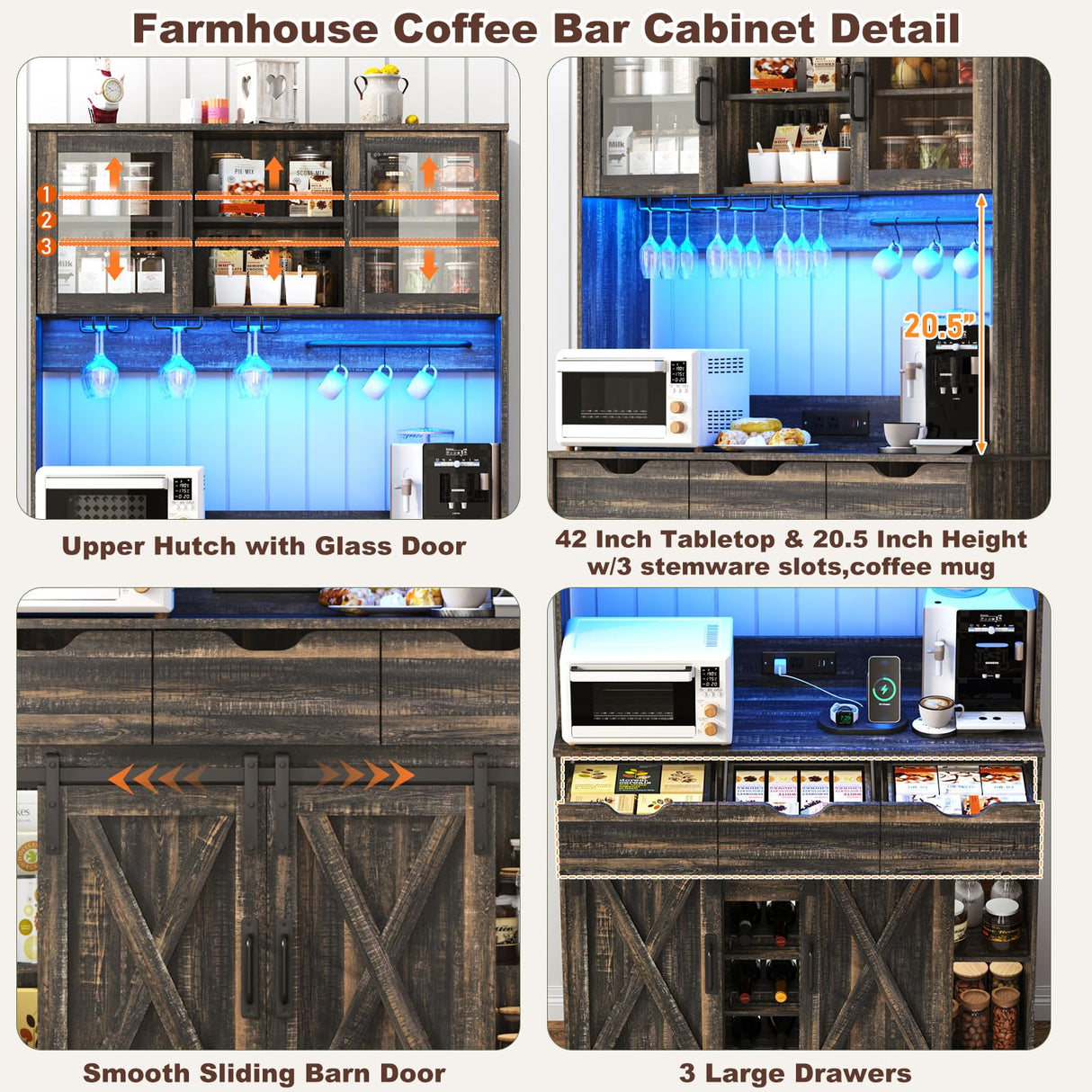 72" Coffee Bar Cabinet w/Power Outlet,LED Lights,Farmhouse Large Kitchen Hutch w/Sliding Barn Door,Tall Bar Cabinets w/4 Drawers & Wine Glass Rack,Pantry China Cabinet for Home,Dark Rustic Oak chartustriable
