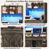 72" Coffee Bar Cabinet w/Power Outlet,LED Lights,Farmhouse Large Kitchen Hutch w/Sliding Barn Door,Tall Bar Cabinets w/4 Drawers & Wine Glass Rack,Pantry China Cabinet for Home,Dark Rustic Oak chartustriable