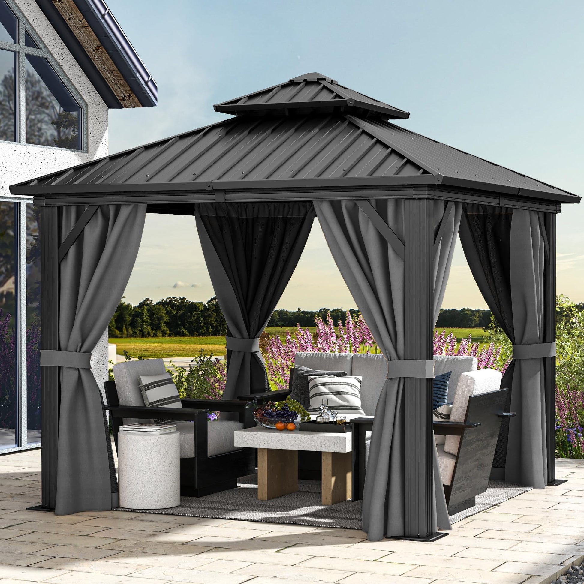 DWVO 10x10ft Hardtop Gazebo Double Roof with Nettings and Curtains, Heavy Duty Galvanized Steel Outdoor Vertical Stripes Roof for Patio, Backyard, Deck, Lawns, Grey - WoodArtSupply