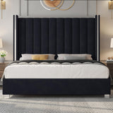 Jocisland King Size Bed Frame with 58" Tall Headboard, Velvet Upholstered Platform Bed with Channel Tufted Wingback Headboard and Plating Trim, No Box Spring Needed, Black Jocisland