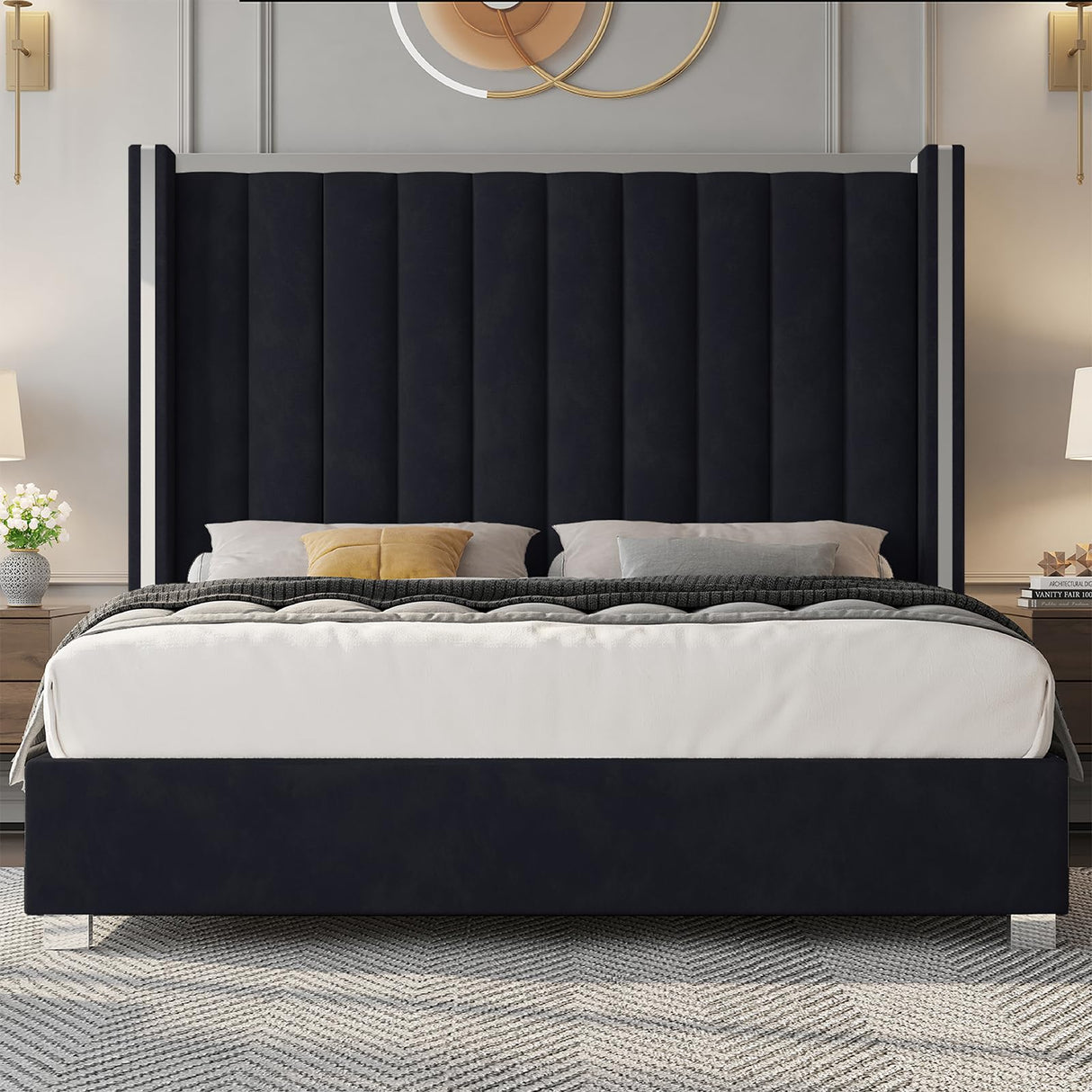 Jocisland Queen Size Bed Frame with 58" Tall Headboard, Velvet Upholstered Platform Bed with Channel Tufted Wingback Headboard and Plating Trim, No Box Spring Needed, Black Jocisland