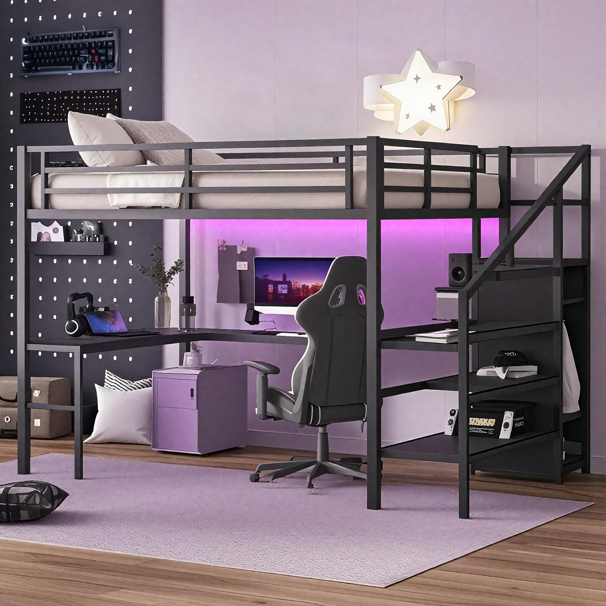 Queen Loft Bed with Desk and Stairs, Metal Loft Bed with Storage Shelves and Wardrobe, Heavy-Duty Loft Beds with LED Lights and USB Ports for Kids, Teens, Adults, Black Bellemave