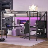 Queen Loft Bed with Desk and Stairs, Metal Loft Bed with Storage Shelves and Wardrobe, Heavy-Duty Loft Beds with LED Lights and USB Ports for Kids, Teens, Adults, Black Bellemave