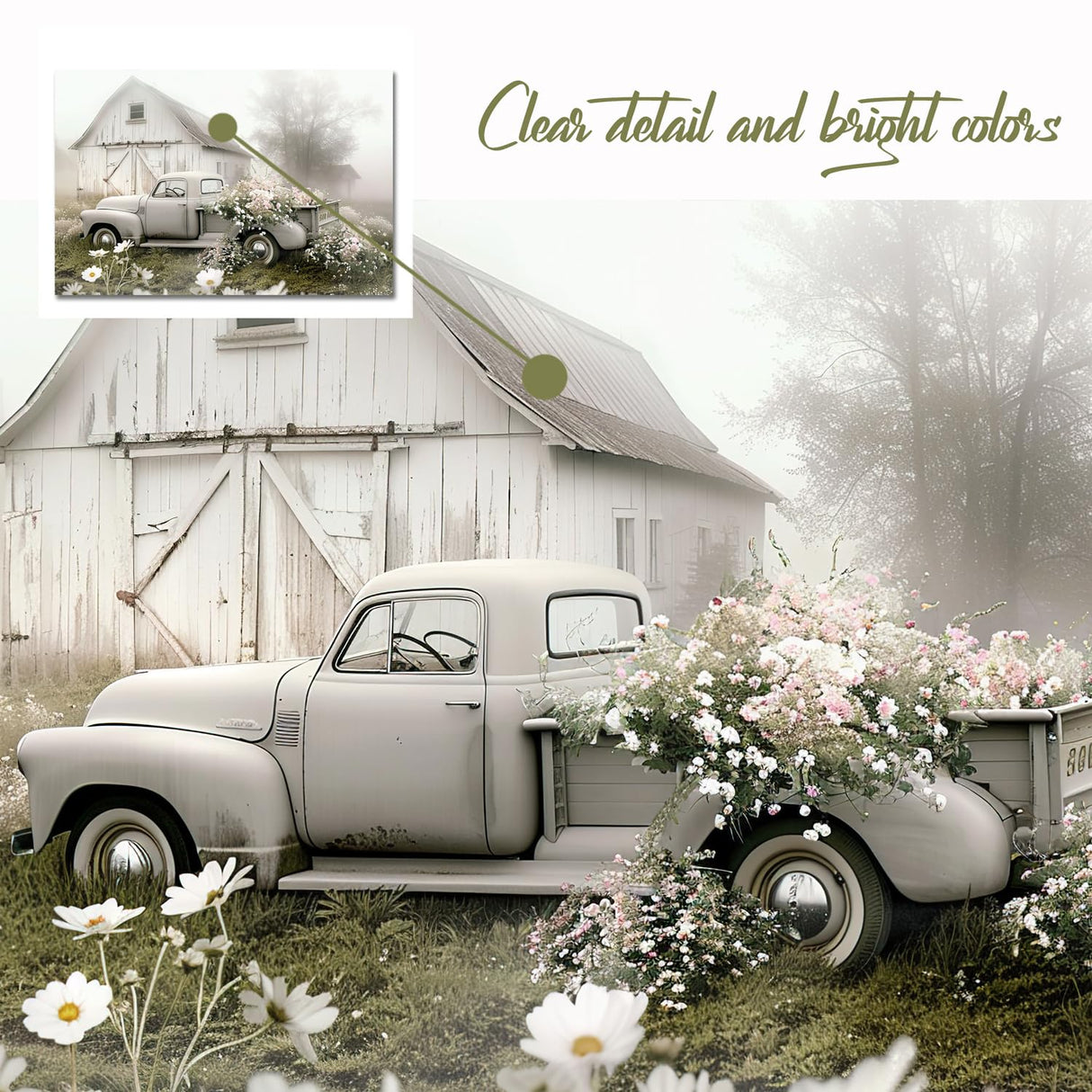 gaosoul Rustic Farmhouse Barn Canvas Wall Art Framed Misty Countryside Field Landscape Painting Rusty Old Truck Loaded With Flowers Picture Prints for Bedroom Living Room Office Decor 16x12in gaosoul