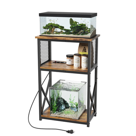 HavenlyYouth 10 Gallon Fish Tank Stand with Power Outlet , 3 Tier Aquarium Stand with Shelf, Turtle/Reptile Tank Stand for Home Office ,Adjustable Boards, 20.47''L×11.42''W×30.91''H, Retro Brown HavenlyYouth