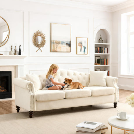 ATUMON 79" Chesterfield Sofa Couch for Living Room, 3-Seater Mid Century Modern Soft Velvet Tufted Sofa with Rolled Arms Nailhead & Two Pillows for Bedroom, Office & Coffee Bar, Beige ATUMON