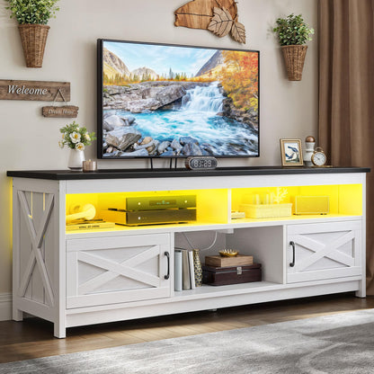 YITAHOME Farmhouse TV Stand for 75 Inch Television Stand, LED Entertainment Center with Power Outlets and Open Shelf, Rustic Media Console TV Cabinet for Living Room, White/Black