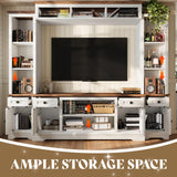 AMERLIFE 98in Farmhouse Wall Unit TV Stand with Bookshelves, Wine Cabinet, Fits 78" TVs, Large Entertainment Center with Power Outlets & Barn Door, Rustic Media Console for Living Room, White AMERLIFE