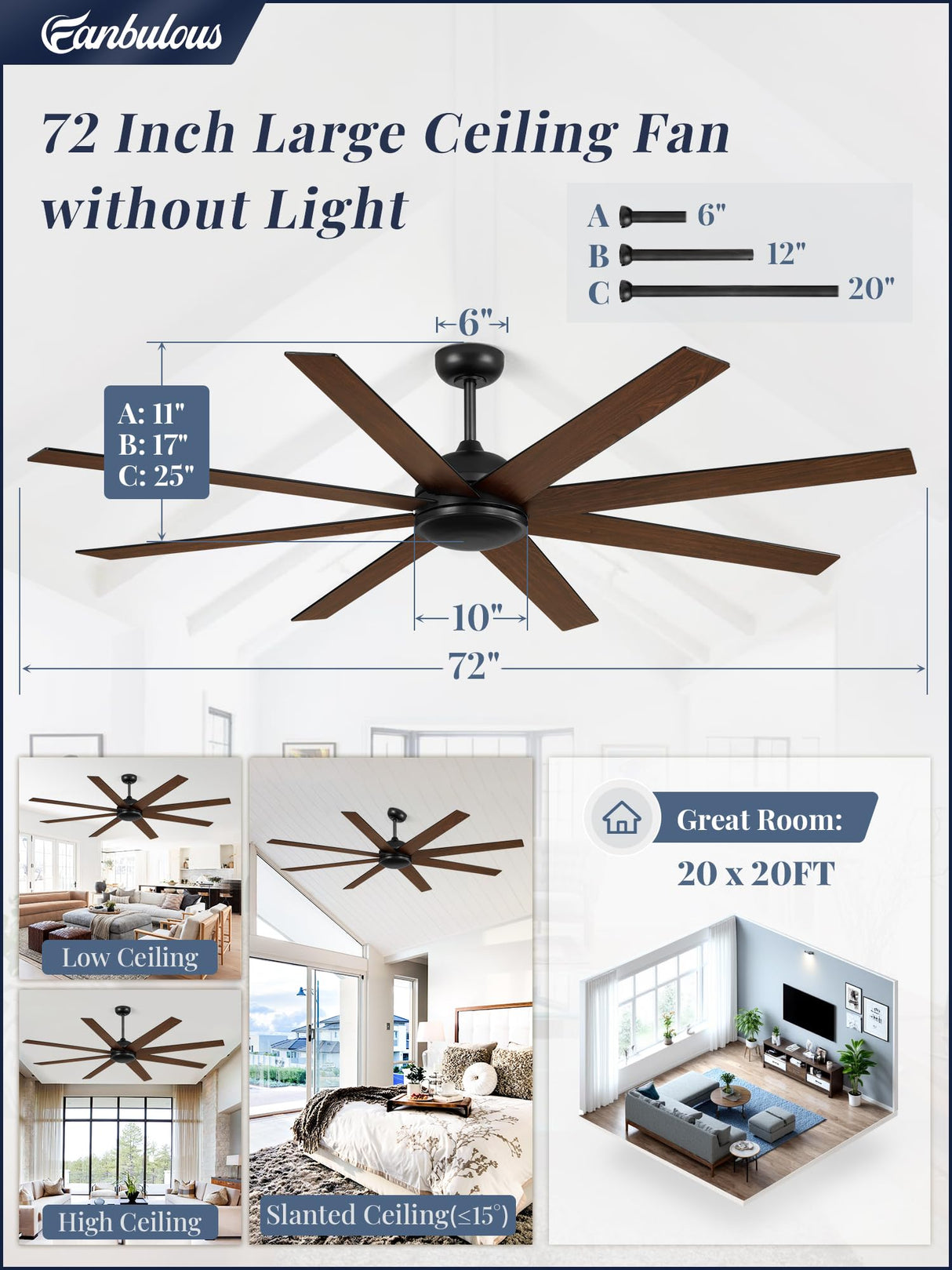 72 Inch Ceiling Fan no Light, Black Ceiling Fan with Remote, 6-Speeds, Quiet Reversible DC Motor, Industrial Ceiling Fans without Lights for Living Room, Garage, Patio, Indoor/Outdoor Use Fanbulous