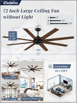 72 Inch Ceiling Fan no Light, Black Ceiling Fan with Remote, 6-Speeds, Quiet Reversible DC Motor, Industrial Ceiling Fans without Lights for Living Room, Garage, Patio, Indoor/Outdoor Use Fanbulous