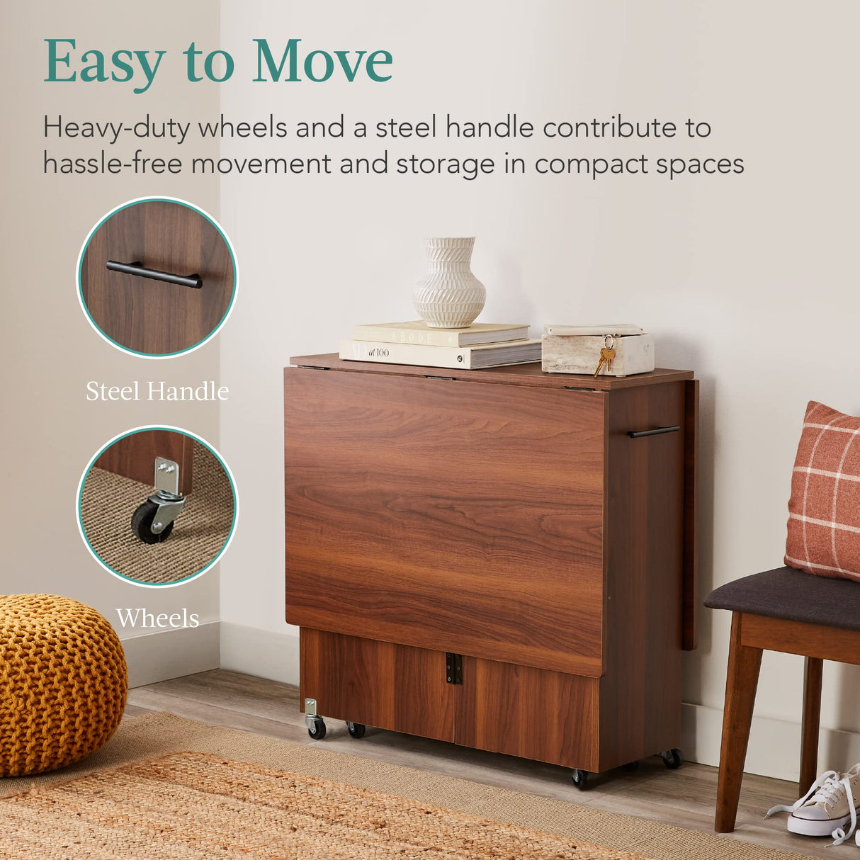 Best Choice Products Folding Dining Table, Multipurpose Space Saving Collapsible Drop Leaf Extension Desk w/Wheels, 3 Storage Shelves - Brown Best Choice Products