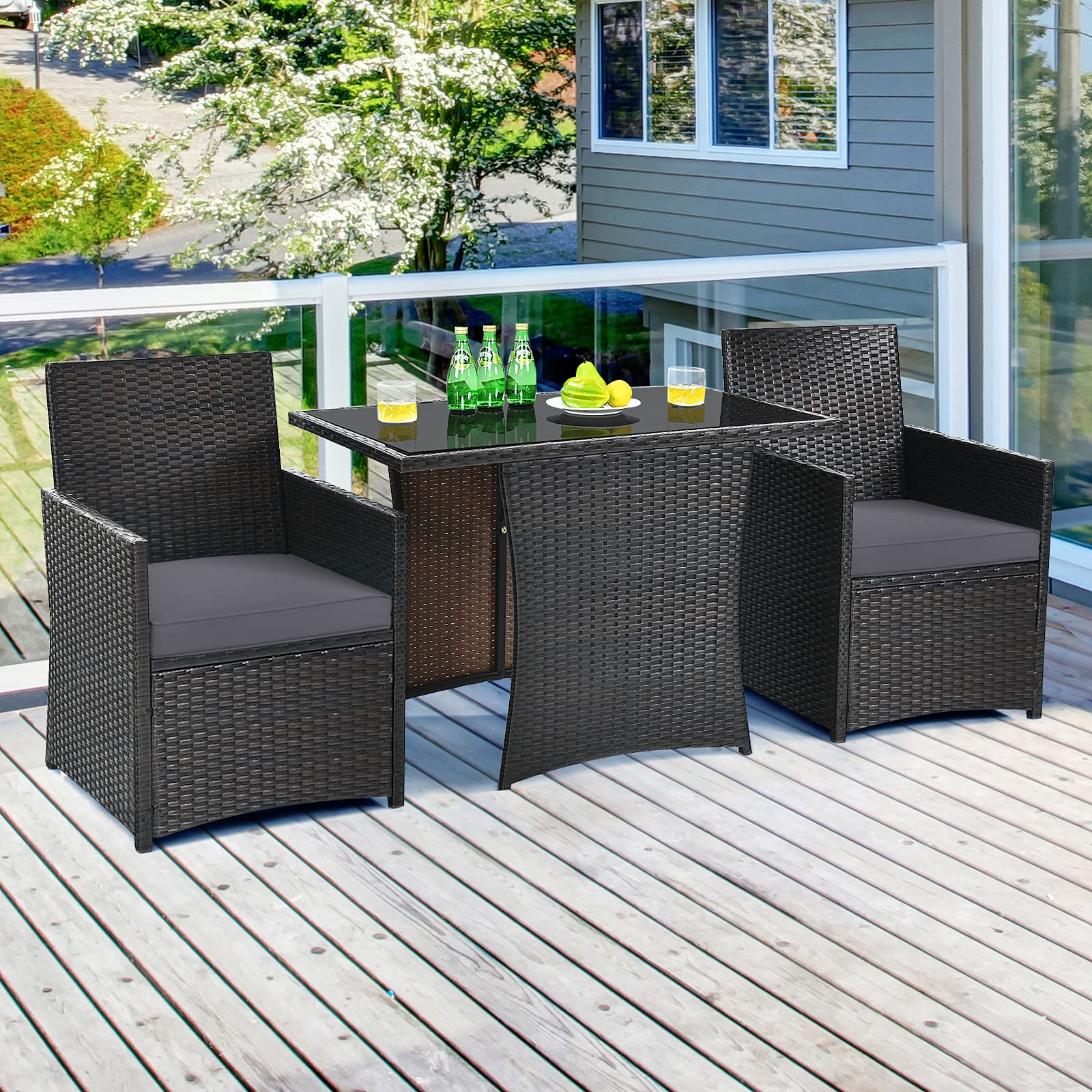 COSTWAY 3PCS Patio Rattan Furniture Set Cushion Sofa Armrest Garden Deck Gray - WoodArtSupply