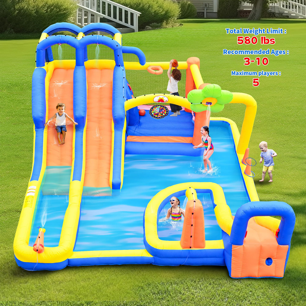 WELLFUNTIME Inflatable Water 3 Slides Park with Blower, Inflatable Bounce House with Climbing Wall, Water Cannon, Dartboard, Flower Sprayer and Deep Pool WELLFUNTIME