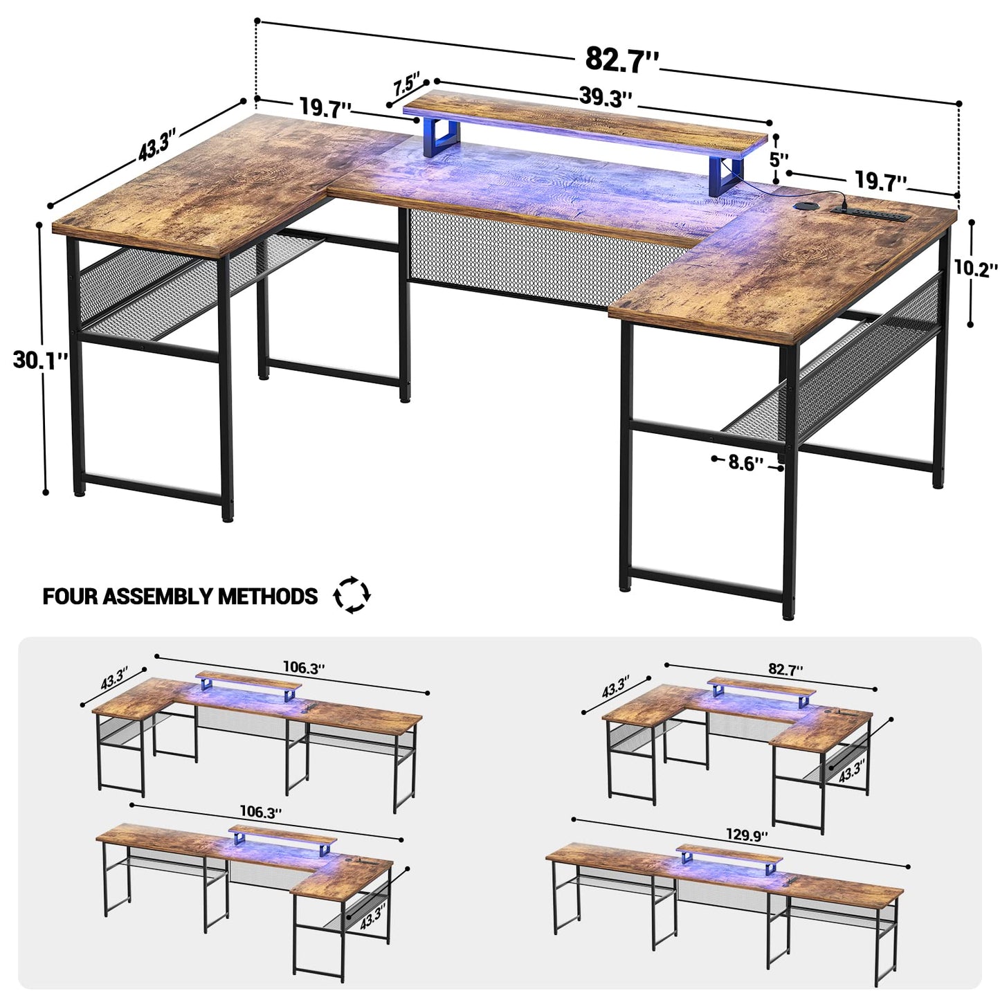 Revamp Your Workspace with the Unikito Reversible U Shaped Office Desk Featuring Power Outlets and LED Strip Lighting - WoodArtSupply