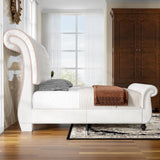 Jocisland King Size Bed Frame, Velvet Upholstered Platform Sleigh Bed with Scroll Headboard & Footboard, Button Tufted, No Box Spring Needed, White Jocisland