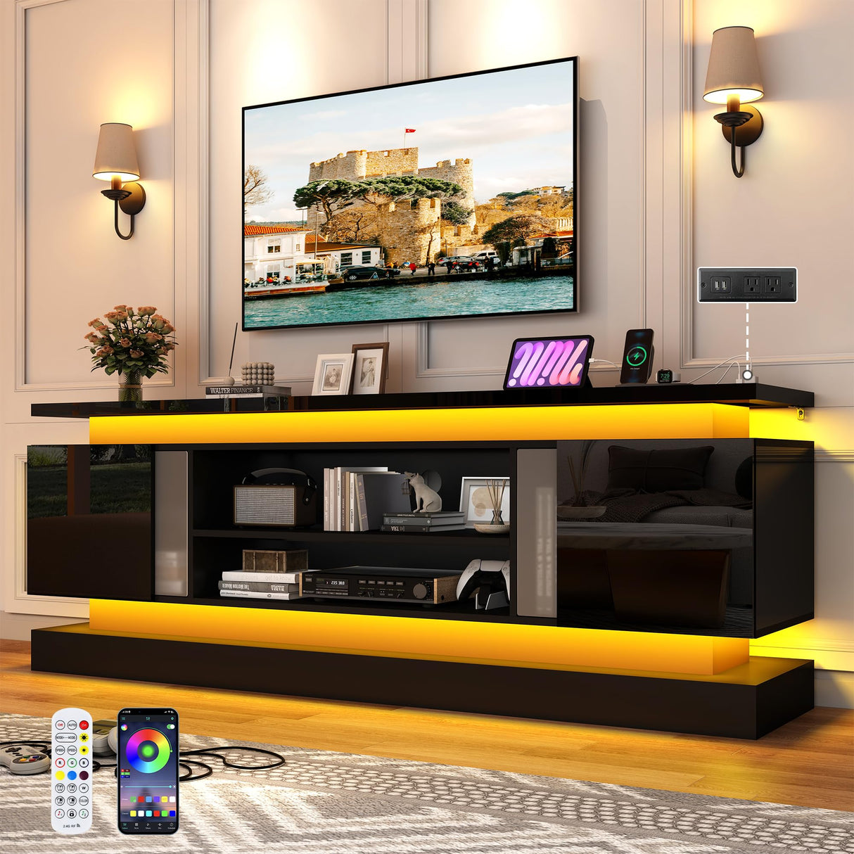 71IN LED TV Stands w/Power Outlet for 85/80/75 Inch TV,High Glossy Modern TV Console Gaming Entertainment Center with 2 Storage Cabinets,Dual LED Lights Strips for Living Room,Bedroom,Black chartustriable