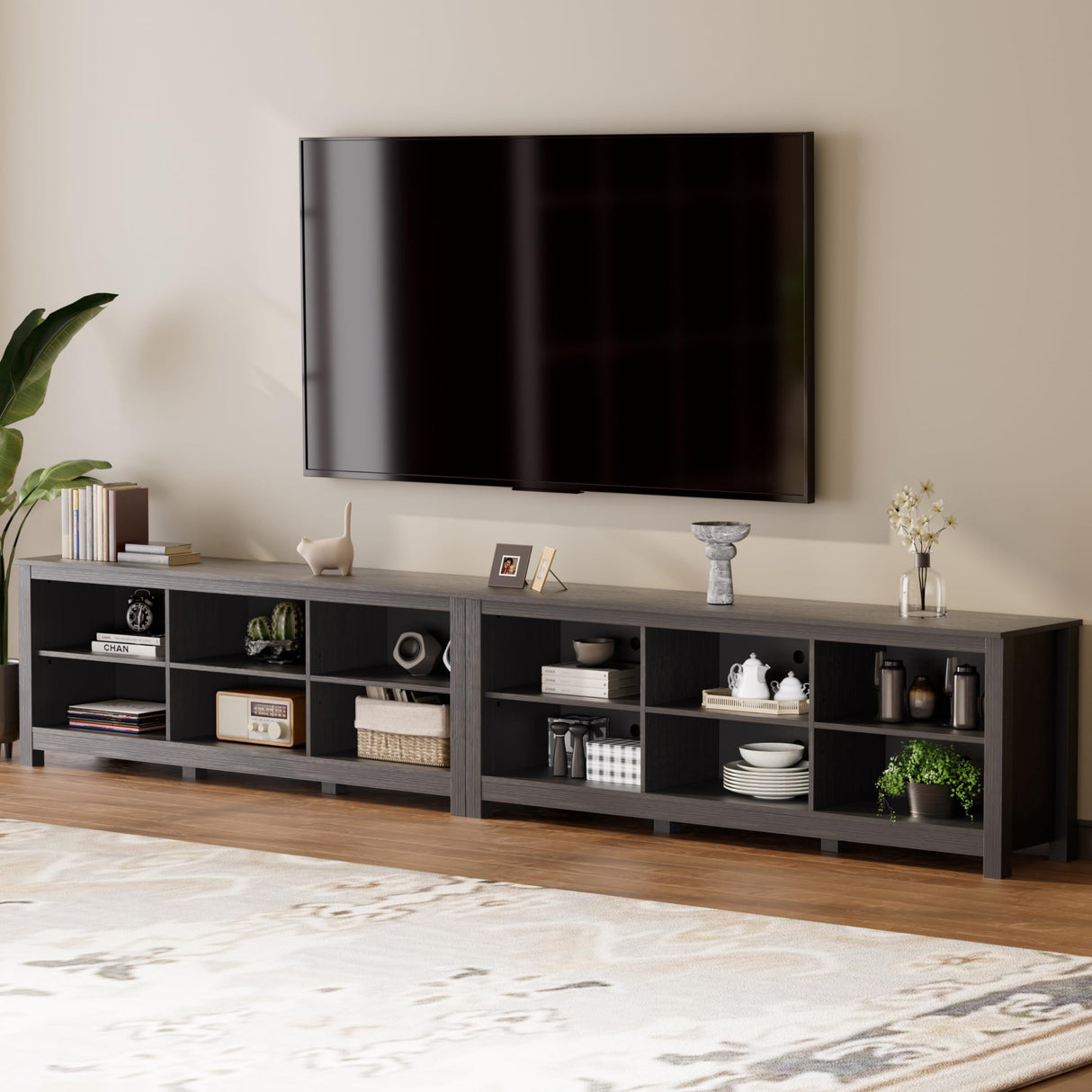 BVIUNTWO TV Stand for 110 Inch TV, Black Entertainment Center for 90+ inch TV Console Table with 12 Cubby Storage, Classic Television Stands for Living Room,Bedroom BVIUNTWO