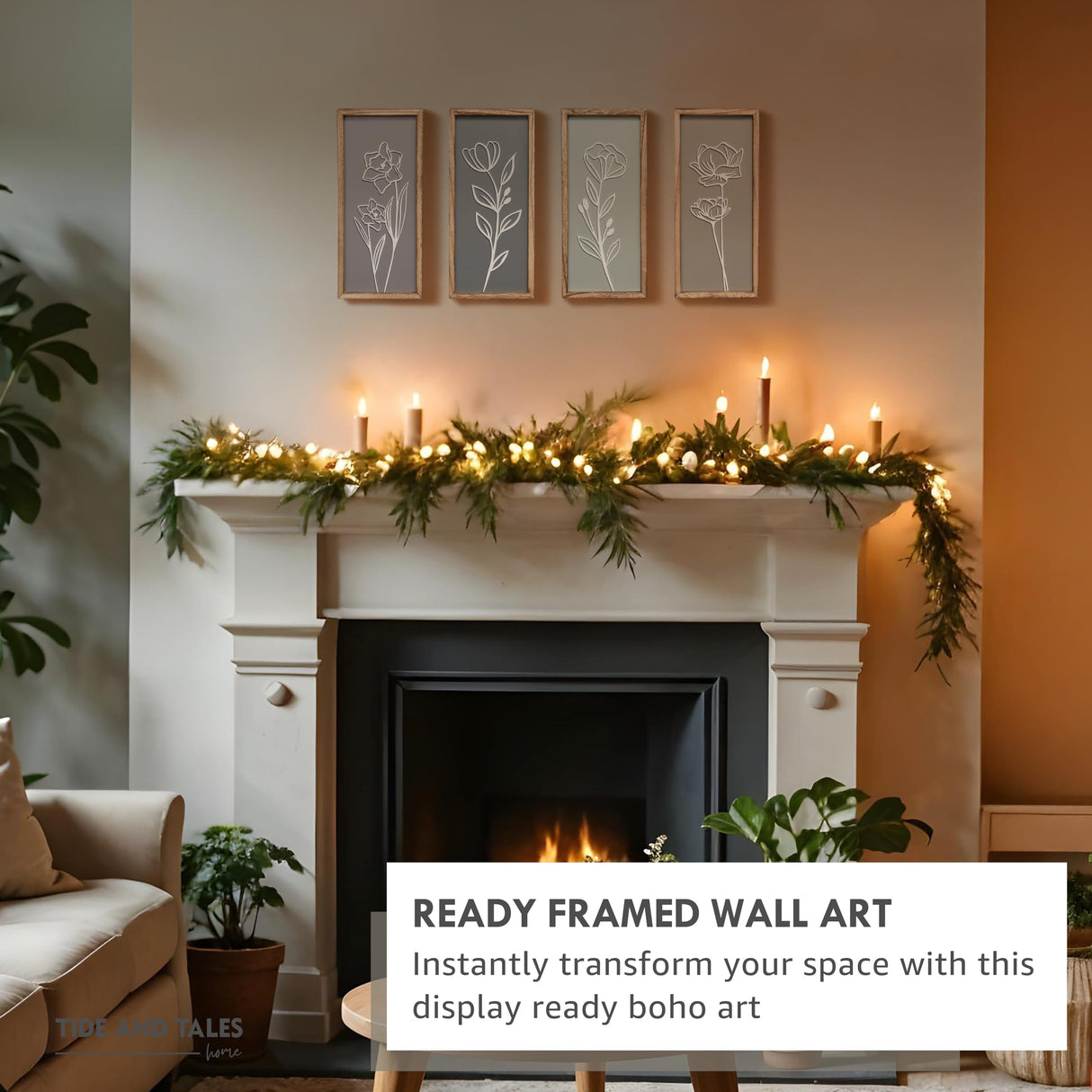 3D Wooden Floral Bathroom Wall Decor (Set of 4) Lightweight, Ready-to-Hang Framed Wall Art For Living Room, Bedroom, or Office - Premium Boho Botanical Farmhouse Decorations - Gift-Boxed Tide and Tales