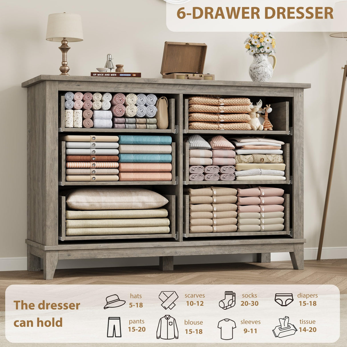 GarveeHome 6 Dresser for Bedroom, 47 in Wide Drawer Dresser with Storage Freestanding, Wooden Closet Storage Chest for Living Room, Bedroom, Entryway, Grey GarveeHome