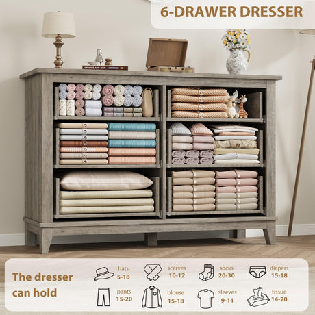 GarveeHome 6 Dresser for Bedroom, 47 in Wide Drawer Dresser with Storage Freestanding, Wooden Closet Storage Chest for Living Room, Bedroom, Entryway, Grey GarveeHome
