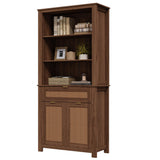 EROMMY 5 Tier Rattan Bookshelf with Drawer, 71" Tall Boho Bookcase, Large Wooden Farmhouse Bookshelf with Doors Storage Cabinet and Display Shelves for Living Room, Bedroom, Home Office, Walnut EROMMY