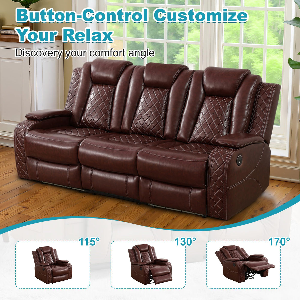 Lyngins 3+2+1 Power Sectional Reclining Sofa Set, Modern Recliner Couch, Loveseat, Chair with USB Ports/LED Lights/Storage Console/Cup Holders, PU Leather Recliner for Living Room, RV Theater, Brown Lyngins