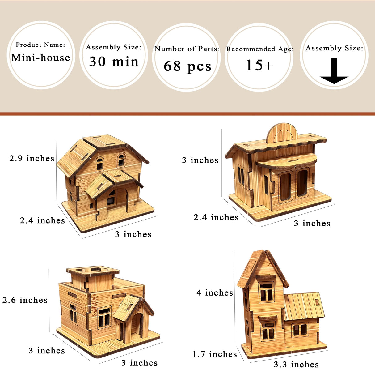 MPIUET 3D Wooden Puzzles for Adults 4PCS Wooden Mini House Model Kits for Adults, 3D Jigsaw Brain Teaser Puzzles, Log Cabin DIY MPIUET