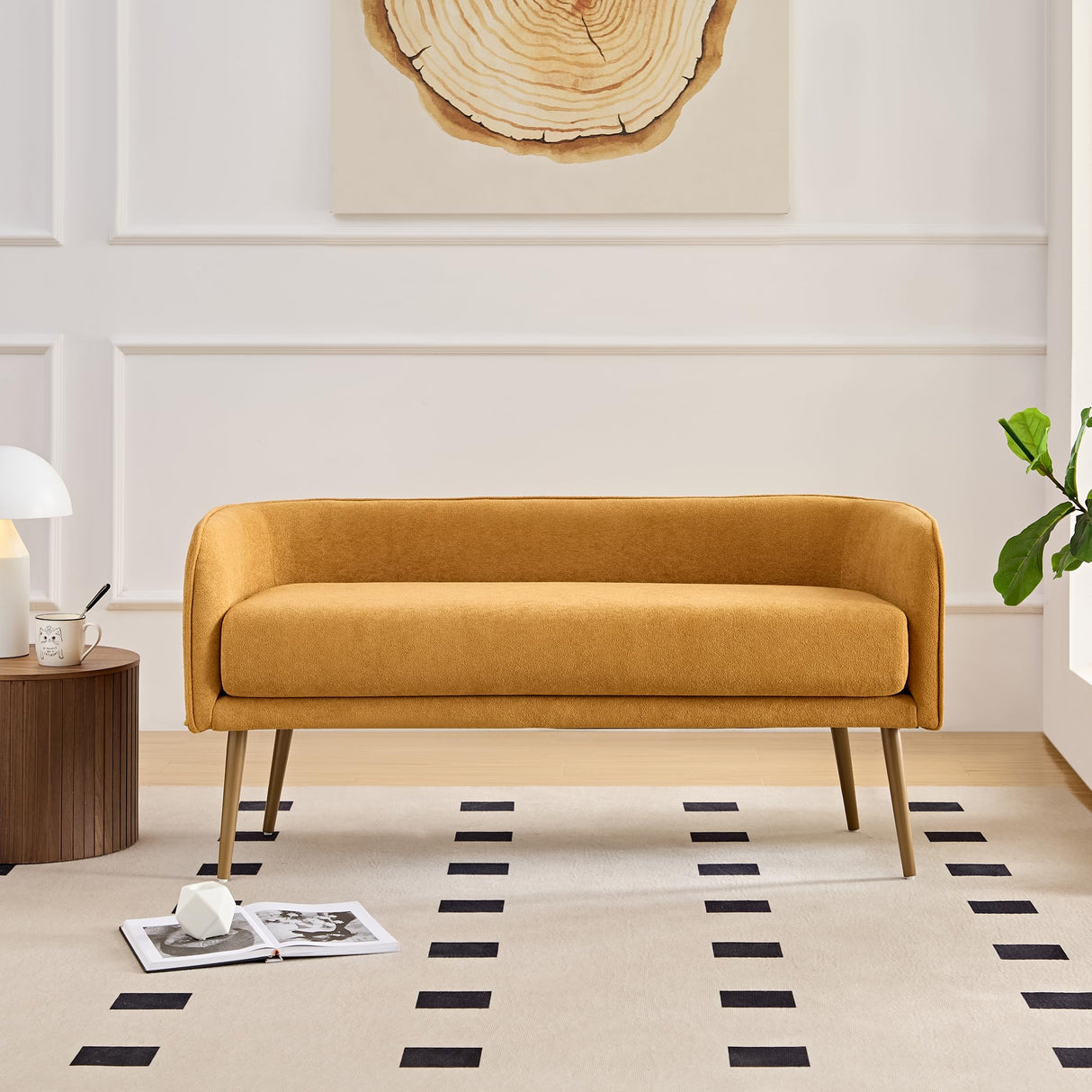 Forshare Bedroom Bench with Low Back,Inside Metal Frame, Extra Seat for Living Room,Entryway or Dinning Bench (Yellow) … Forshare