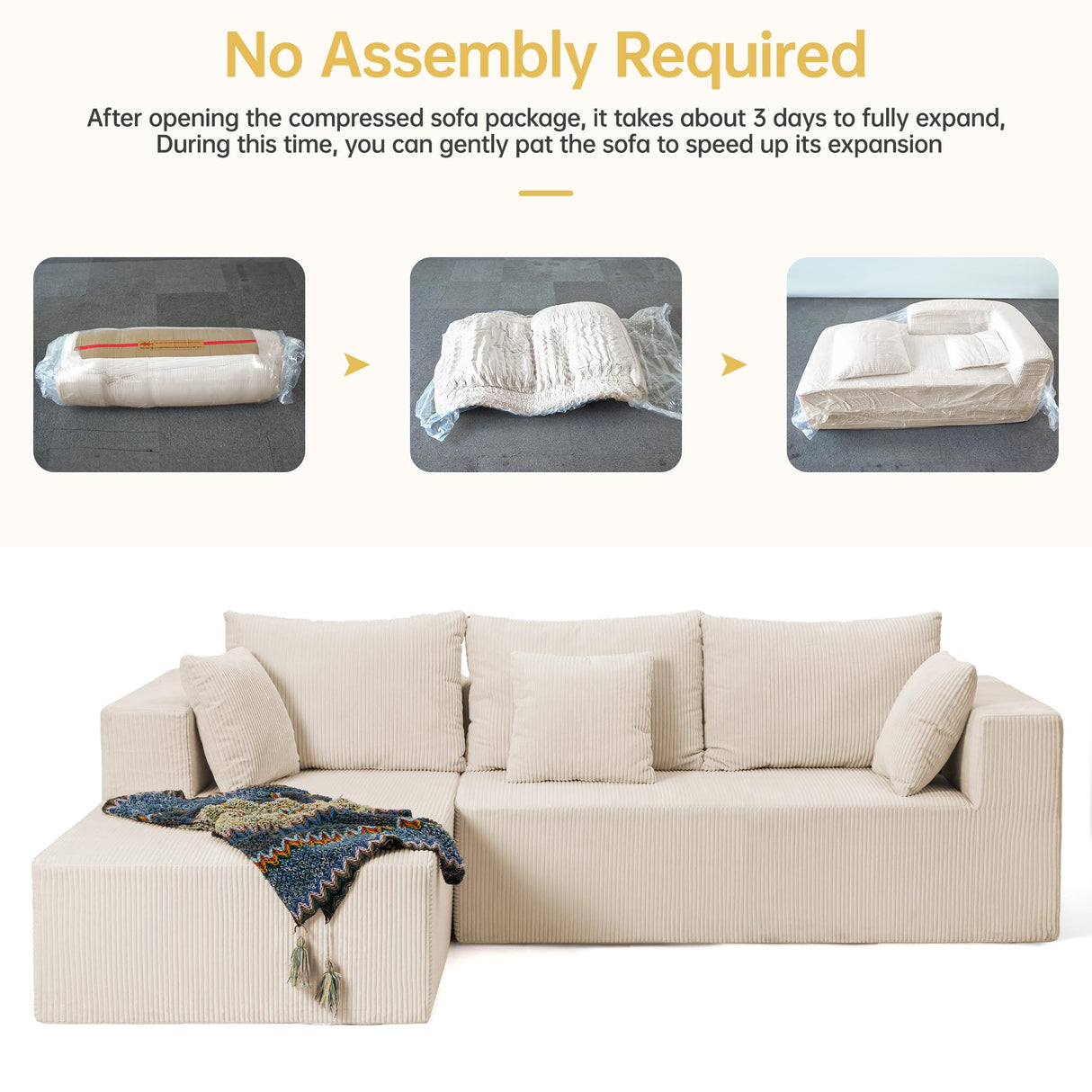 Modular Sectional Sofa, Cloud Sectional Couch with L-Shape Chaise, Modular Sofa with Deep Seat, Upholstered Couches Boneless Sofa for Living Room, White(Left Facing Chaise) Airynee