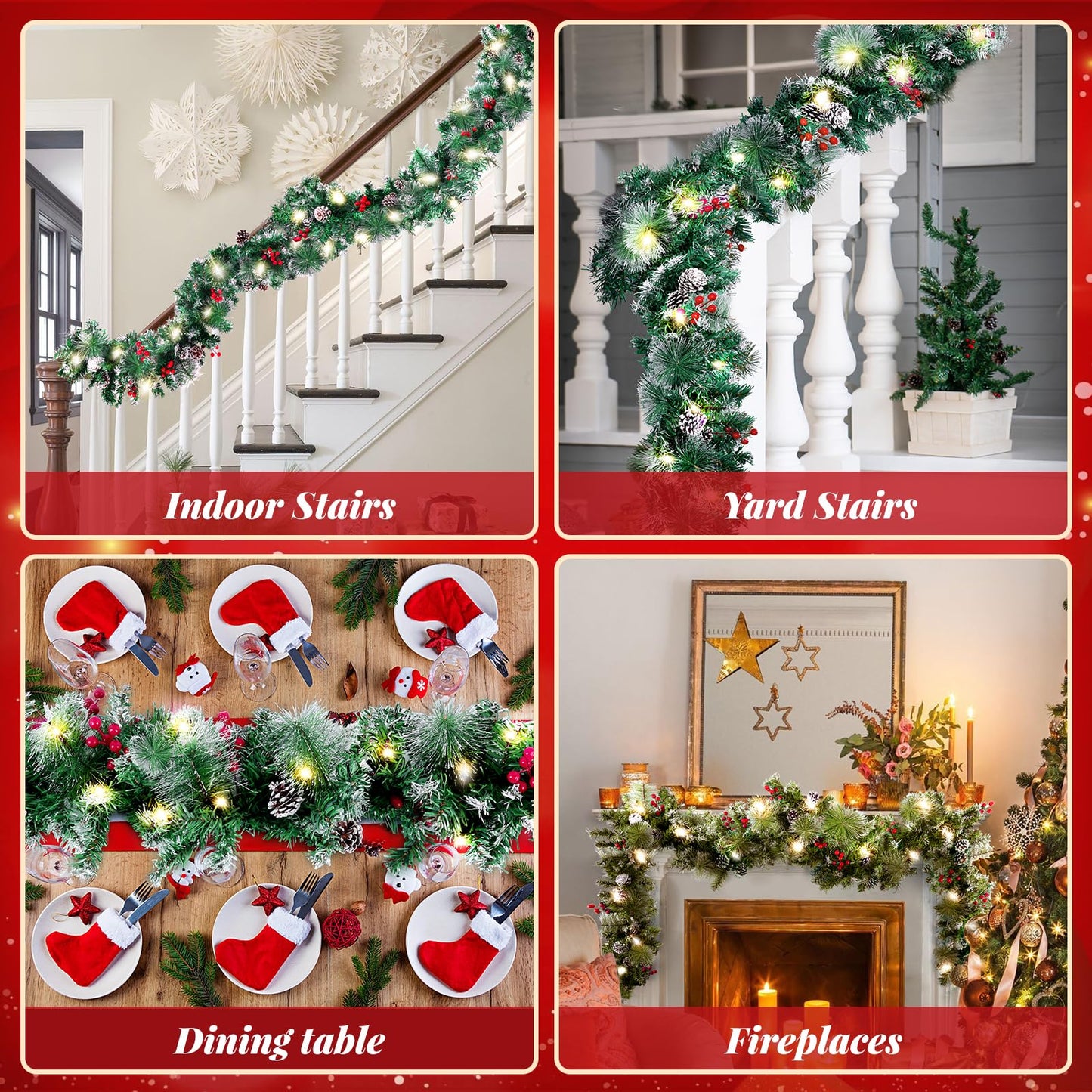 BlessedSeason Christmas Garland with Lights, 9FT Artificial Lighted Garland Indoor for Stairs, Fireplace, 50 Lights Green Garland, Pine Cones & Red Berries & Pine Needle