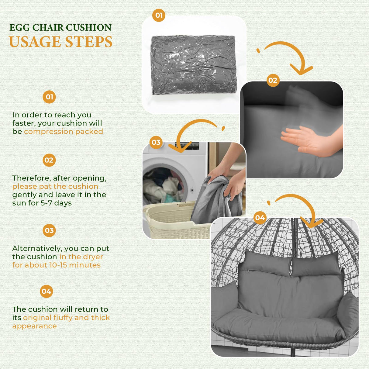 Waterproof Double Egg Chair Cushion Replacement for Patio 2 Person Hanging Egg Chair - Quick-Drying, Weather-Resistant, Soft Cotton Filling, Machine Washable (Grey) Cuteripe