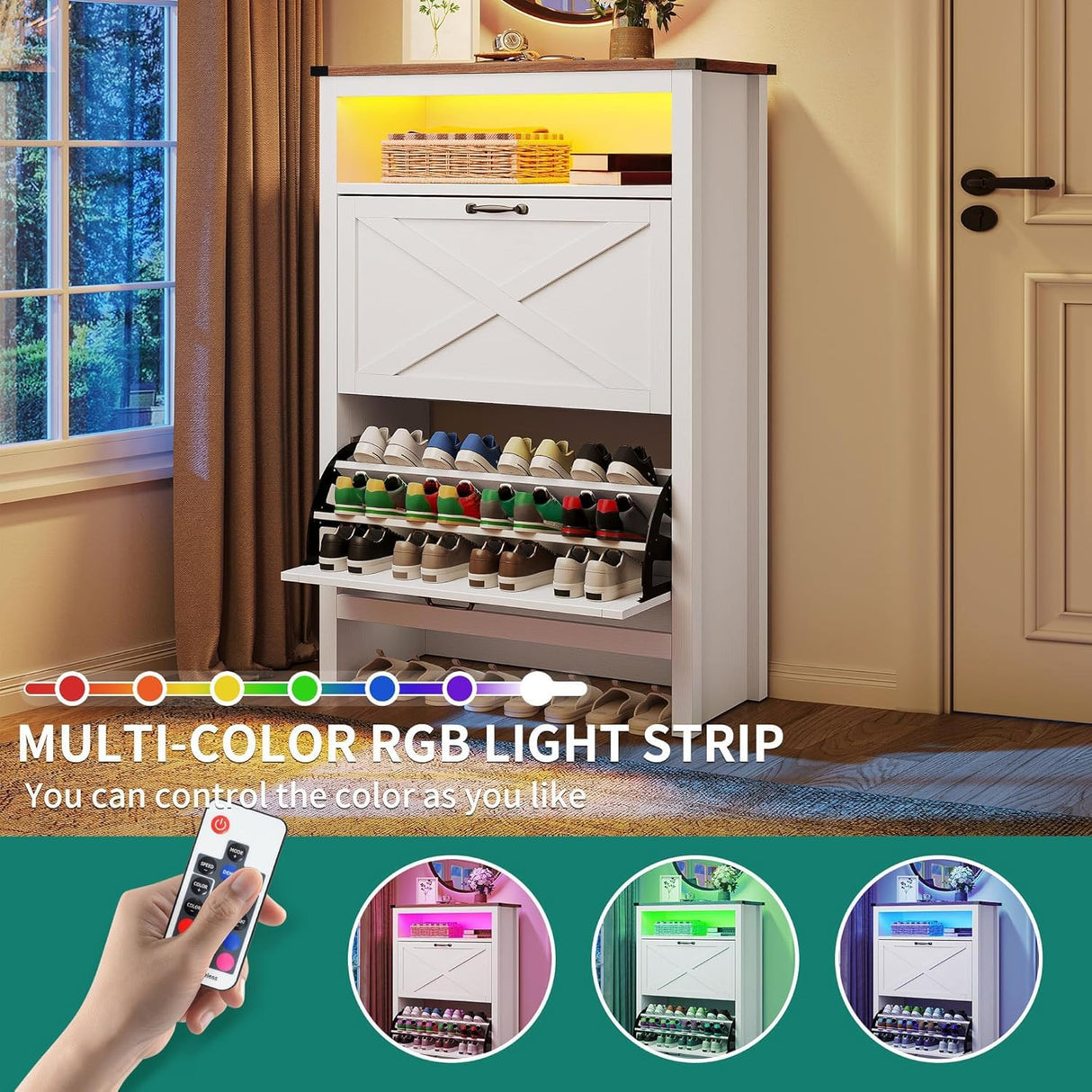 YITAHOME Shoe Cabinet with 2 Flip Drawers, Entryway Shoe Storage Cabinet with Open Shelves and Led Light, Free Standing Hidden Shoe Rack Storage Organizer for Entryway/Hallway/Closet, White YITAHOME