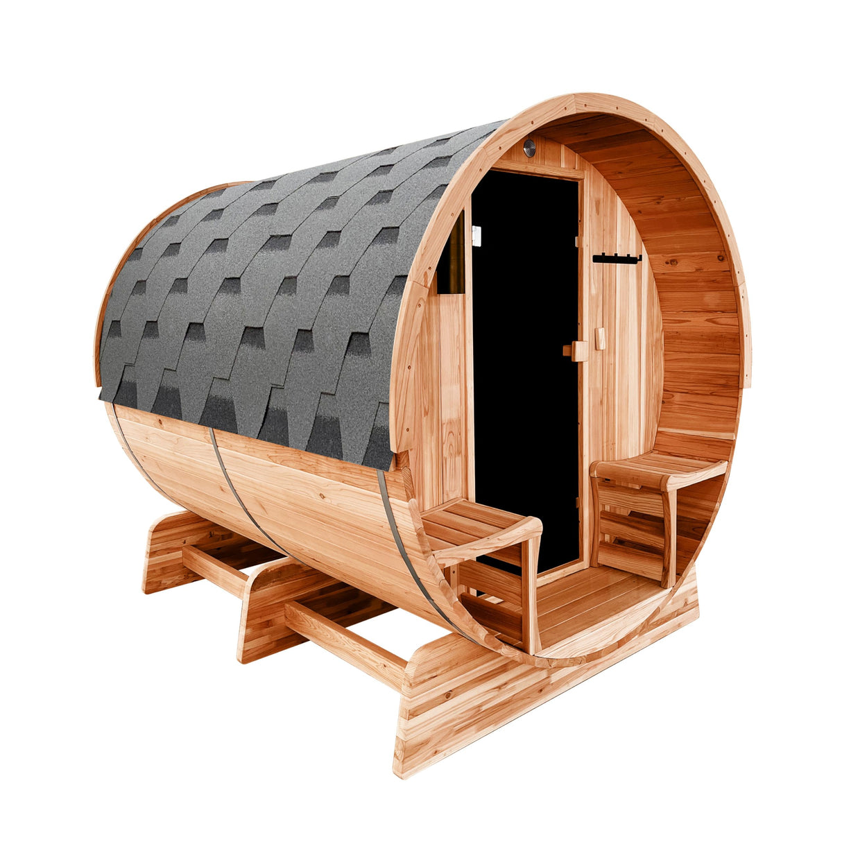 ALEKO Barrel Sauna with Front Porch Canopy | Wet Steam Dry | Rustic Cedar Wood | Indoor Outdoor | 5-6 Person | UL Certified 6 kW Harvia Sauna Heater | SB6CED ALEKO