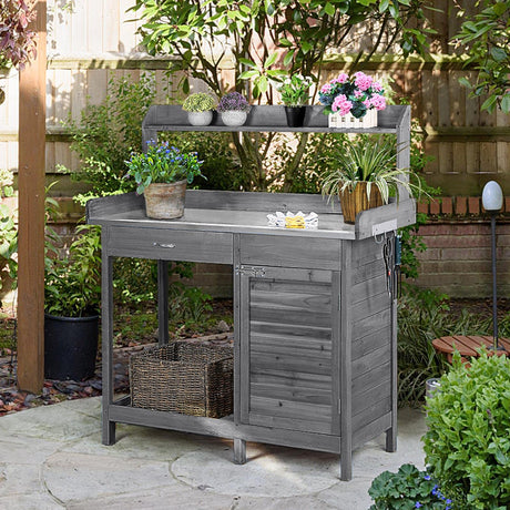 Topeakmart Garden Potting Bench Wooden Workstation Outdoor Wooden Potting Table W/Top Shelf & Lower Shelf & Cabinet Drawer & Open Shelf Gray Topeakmart