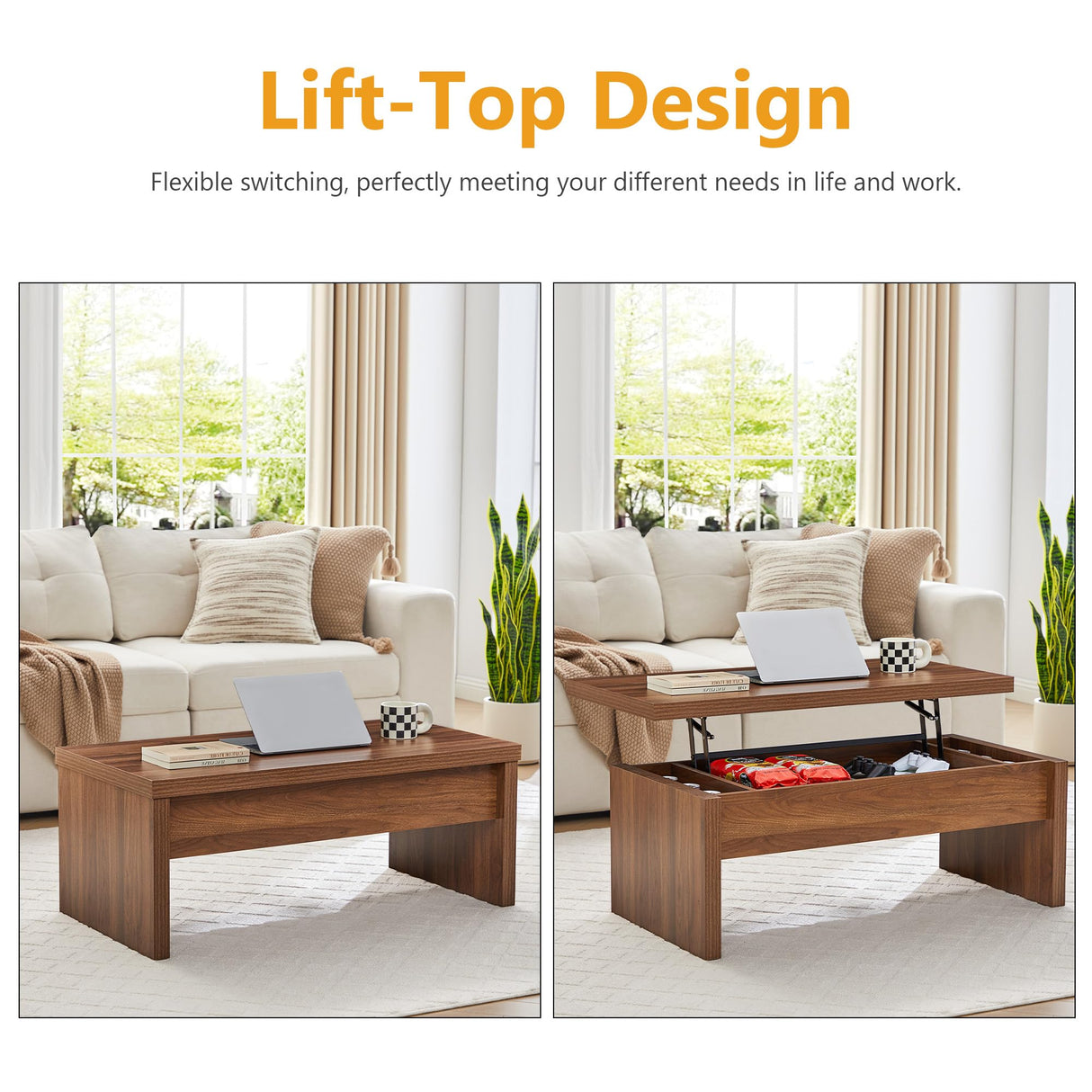 Small Lift Top Coffee Table, Wood Rectangle Coffee Table with Lifting Top and Hidden Storage Compartment, Mid Century Modern Center Tables for Small Space, Living Room, Office (Walnut) QHITTY