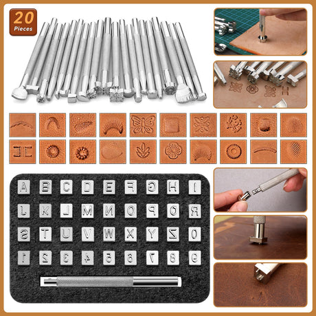 424 Pcs Leather Working Tools Leather Tools and Supplies with Instructions, Sewing Kit, Tool Holder, Wooden Storage Box, Stamping Set JUPEAN