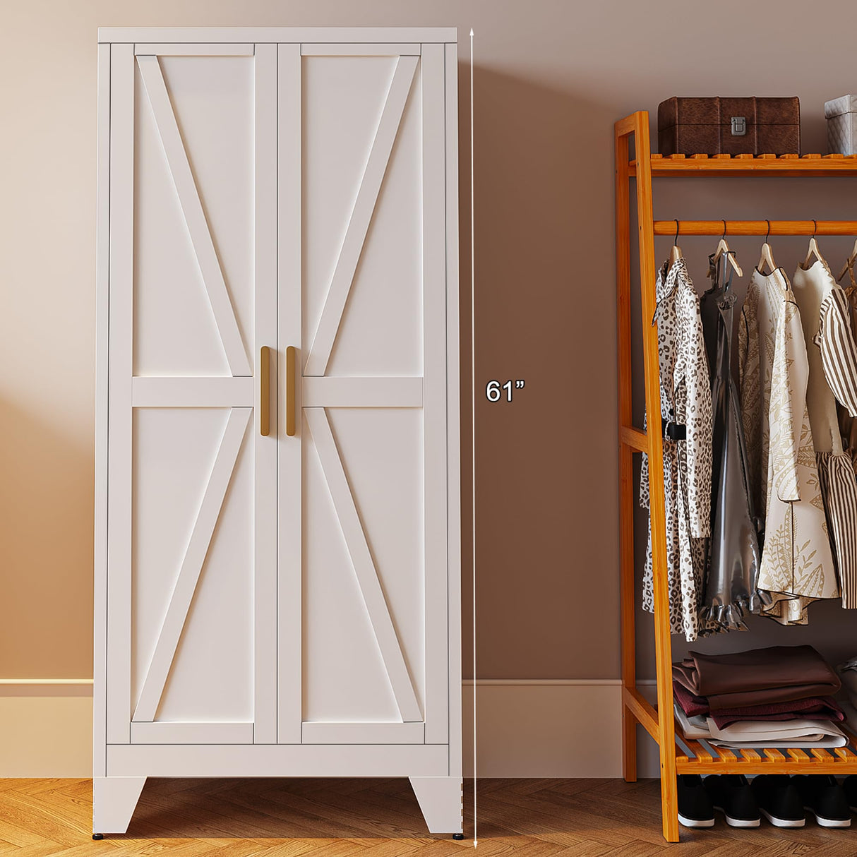 61" Tall Farmhouse Metal Pantry Cabinet, Kitchen Pantry Storage Cabinets with 2 Barn Door and Adjustable Shelves,Metal Pantry Storage Cabinet,for Kitchen,Laundry Room,Home Office,Kids Room (White) Washsemba