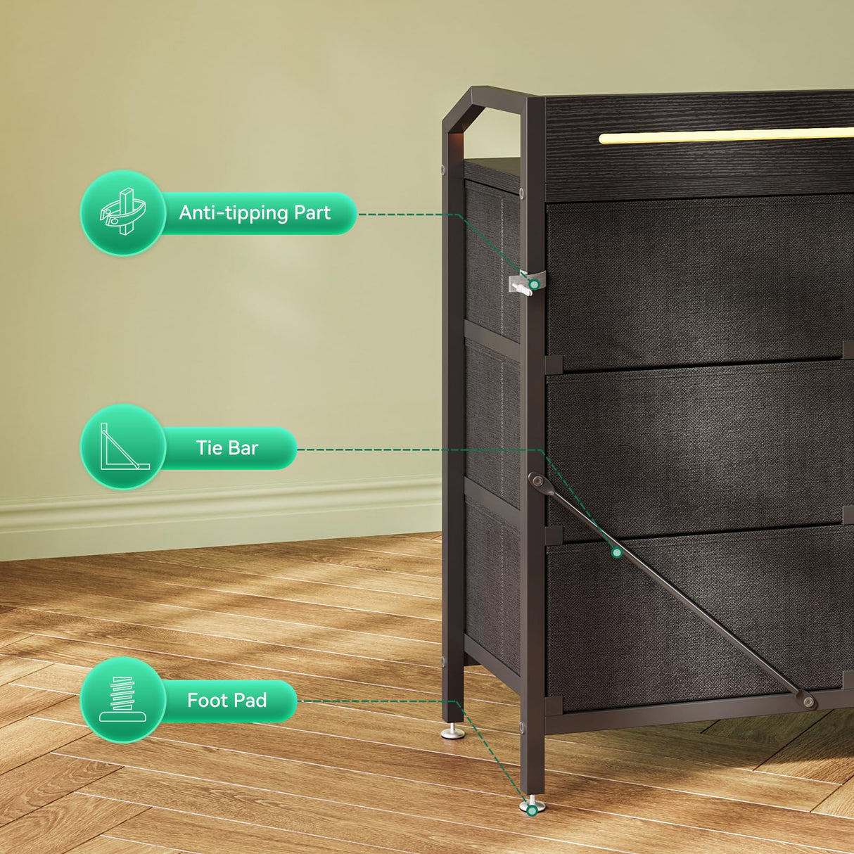 KKL Black Dresser for Bedroom with Light Strip & Power Outlet — 8 Drawers Dressers & Chest of Drawers with Shelf, Wood Top, Metal Frame, Wide Dressers for Girls Bedroom, Living Room, Hallway, Closet KKL