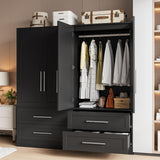 iPormis Wooden Armoire Wardrobe Closet with 2 Drawers, Clothing Storage Cabinet with Shelves Aluminum Hanging Rod, Wardrobe Storage with Strong Door Closure, Modern Bedroom Clothing Armoires, Black iPormis