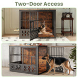 Yafylly 48 Inch XXL Dog Crate Furniture, Wooden Chewproof Dog Kennel with Interactive Window, 360° Adjustable Bowls (5 Heights), Storage Table Top, Heavy Duty XL Dog Crate for Medium Large Dogs, Brown Yafylly