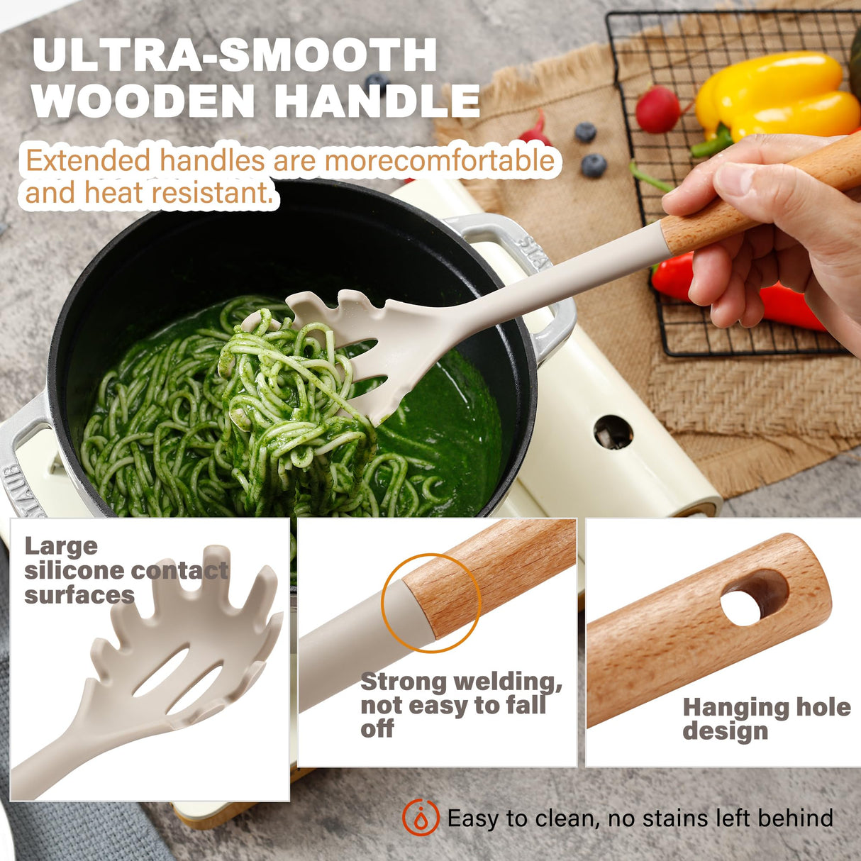 QMVESS Large Silicone Cooking Utensils Set 7 Pcs Heat Resistant Kitchen Utensils Set Food Grade Silicone and Wooden Handles Spatula Soup Ladle Pasta Server Kitchen Scissors BPA Free (Khaki) QMVESS