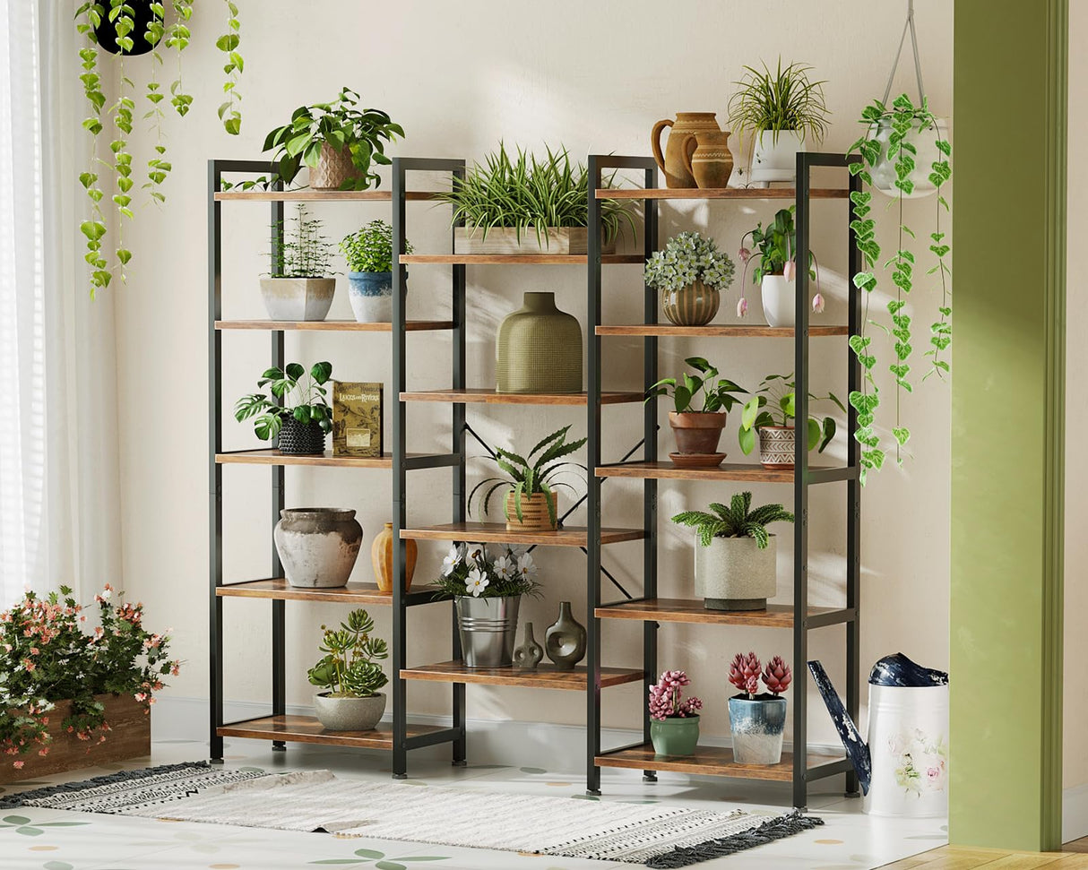 Casaottima Triple 5 Tier Bookshelf, Large Bookcase with 14 Open Display Shelves, Modern Industrial Book Shelves Book Case for Bedroom, Wide Standing Shelving Unit for Living Room Home Office, Vintage Casaottima