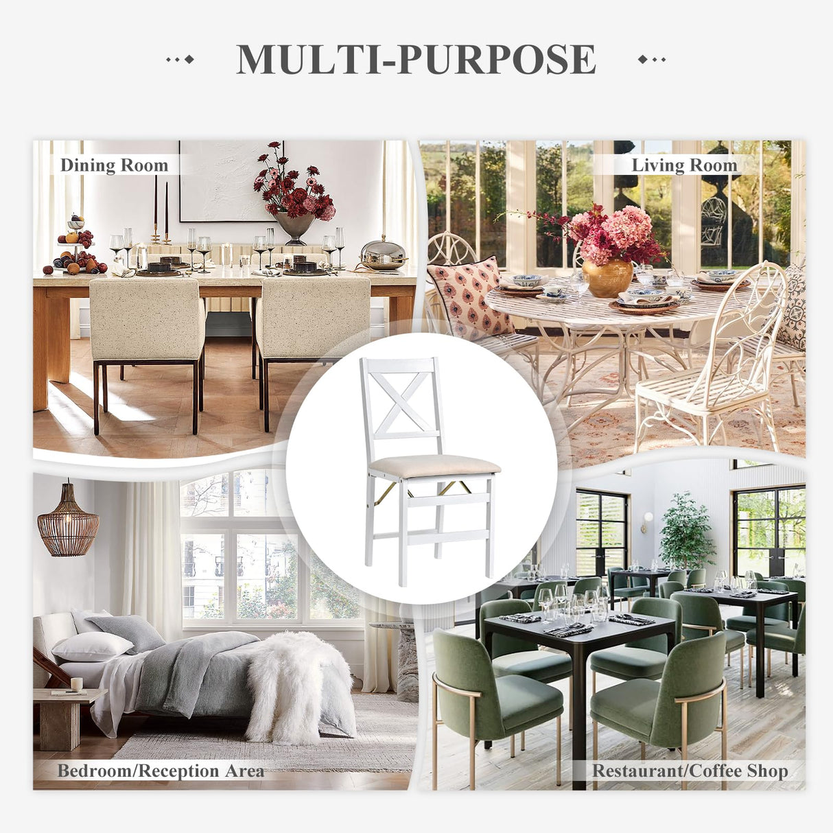 COLAMY Folding Dining Chairs Set of 6, Foldable Chairs with Padded Seats, Wood Folding Dining Room Chairs for Dinner, Kitchen, Party, Camping, White COLAMY