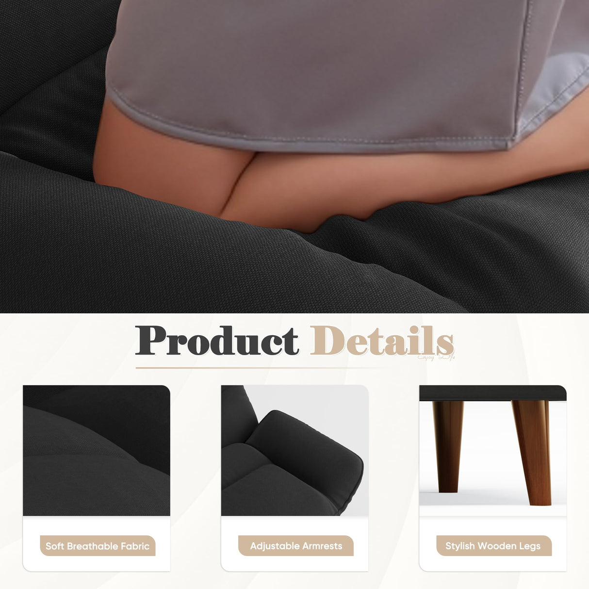 Homall Futon Sofa Bed, Modern Loveseat Futon Couch with Adjustable Backrest and Armrests, Sleeper Sofa Bed with Wood Frame for Living Room, Office, Apartment (Fabric, Black) Homall