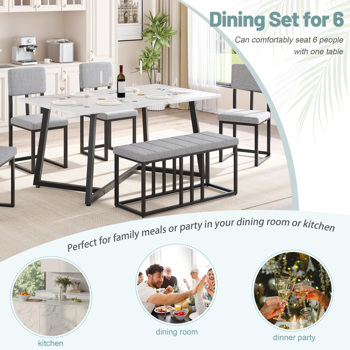 HUGROVE 6-Piece Dining Table Set, 51.18'' Faux Marble Rectangular Table with 4 Linen Upholstered Dining Chairs and Bench, Modern Kitchen & Dining Room Furniture for Family Gathering HUGROVE