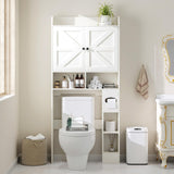 MUUEGM Over The Toilet Storage Cabinet with Barn Doors, White Bathroom Organizer, Farmhouse Tall Bathroom Storage Cabinet with Toilet Paper Holder, Above Toilet Shelf for Restroom, Laundry MUUEGM