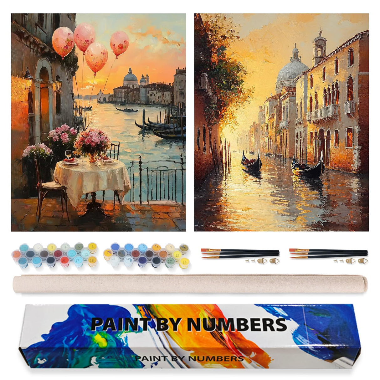 2 Pack Paint by Numbers Kit for Adults Beginner, Sunset Venice Adult Paint by Number Kits on Canvas, DIY Landscape Acrylic Number Painting for Adults for Home Wall Decor Gift 16x20 Inch Possoco