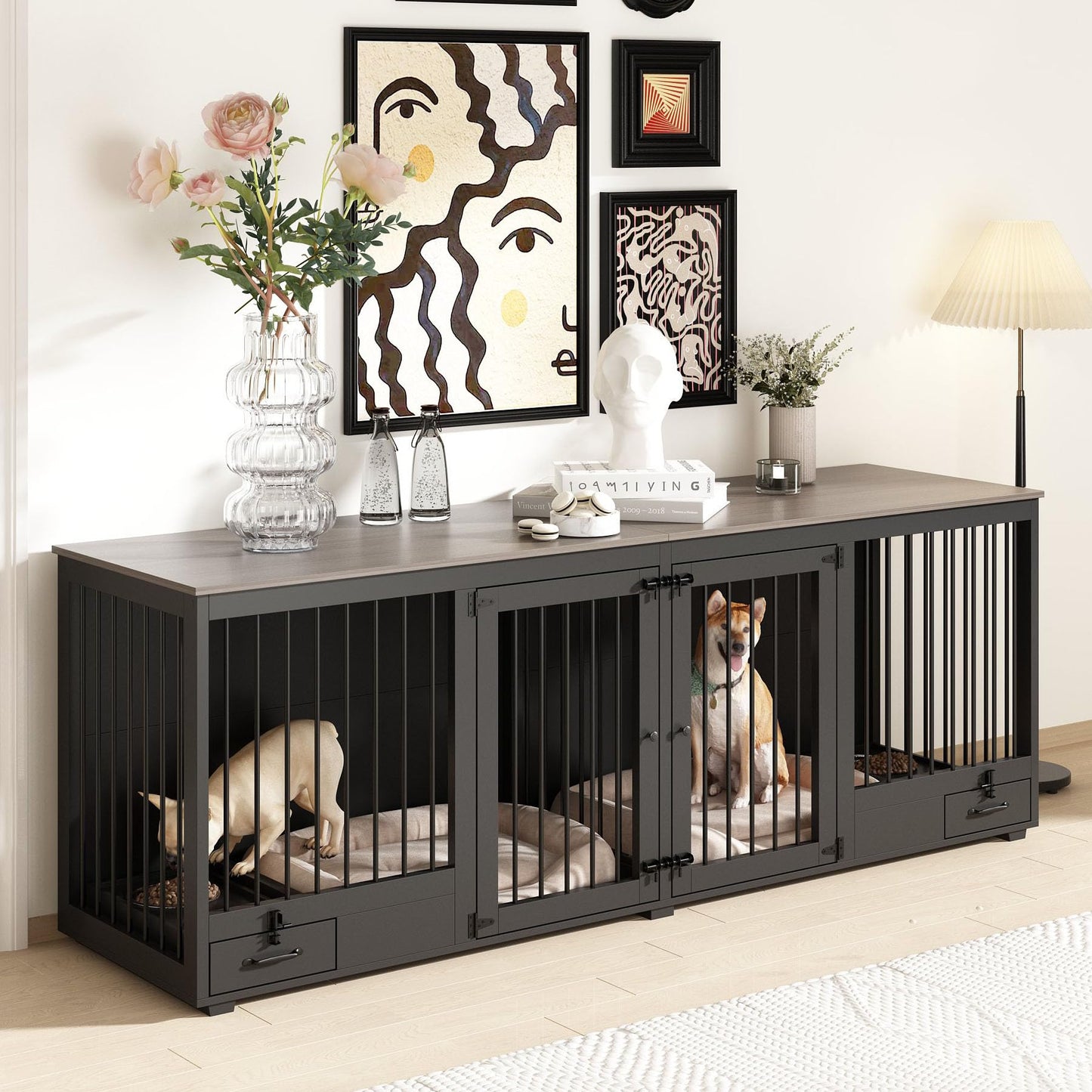 DAWNSPACES Furniture Style Large Dog Crate for 2 Dogs, 86.6" Heavy Duty Wooden Dog Kennel with Dog Bowl Drawers & Divider, Indoor Furniture Style Dog Kennel for Large Medium Dogs, Black